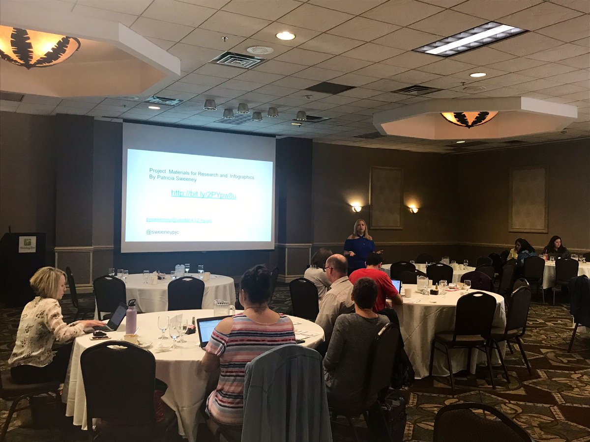 NWaskieLaura's tweet image. #sharingthevision19 Session 3:@BinghamtonCSD @AmyMerrill3 is sharing #kidlit engagement strategies and Vestal’s @sweeneypjc is presenting how she &amp;amp; a teacher-partner taught the research process using #infographics #btsls