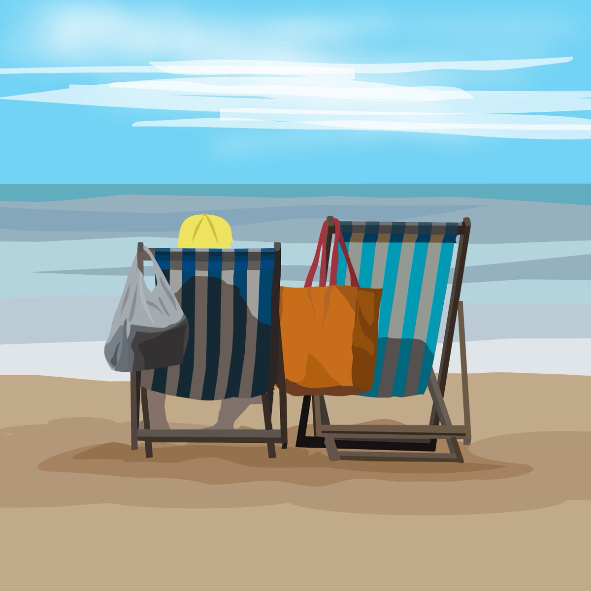 Here's some Brits at the beach for @Clr_Collective #KingsBlueLight #beachlife #illustration #englishseaside #illustrationfun #deckchairs #stripey #sandyfeet #shoppingbags #colour_collective