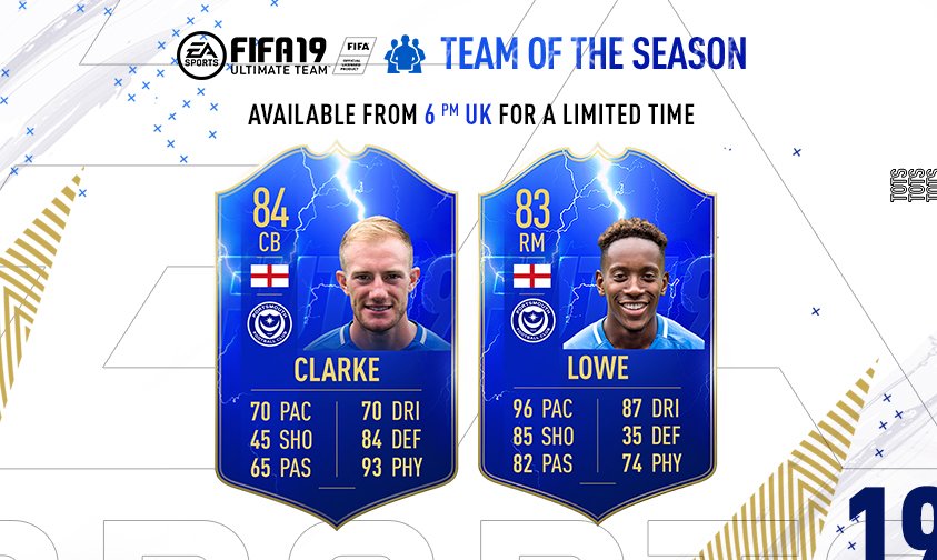 🏆⚽👏 Big up to #Pompey's @MatthewClarke96 and @JamzLowe for making the @EASPORTSFIFA EFL Team of the Season! #FIFA19 #FUT