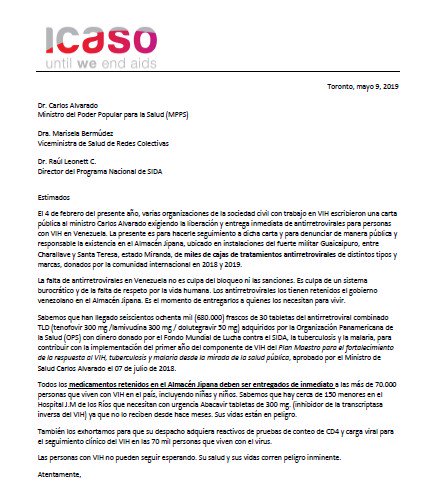 Carta pública al Ministro Salud <a href="/AlvaradoC_MPPS/">Carlos Humberto Alvarado González</a>, viceministra <a href="/mbermudez_21/">Marisela Bermúdez</a> y director Programa Nacional de #SIDA <a href="/DrRaulin/">DR. RAUL LEONETT C.</a>  exigiendo liberación y entrega inmediata de #ARVs para personas con #VIH en #Venezuela que están retenidos en el Almacén Jipana  icaso.org/carta
