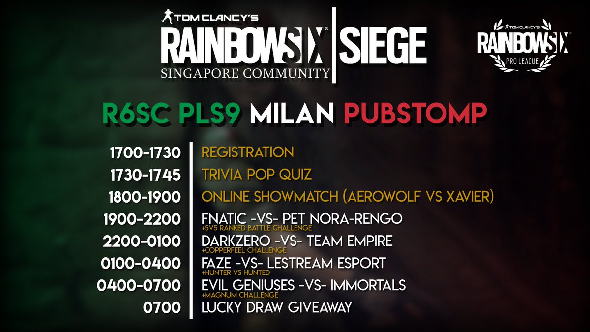 R6SC_SG's tweet photo. R6SC Pro League Season IX Pubstomp (SINGAPORE) is OPEN FOR REGISTRATION!
Register now under the PAID REGISTRATION to be able to participate in the games, activities, and win prizes such as R6 Credits, and @thekoyostore @Rainbow6Game Pins!
#R6SC #Singapore #RainbowSixSiege https://t.co/7LOVz99ZhN
