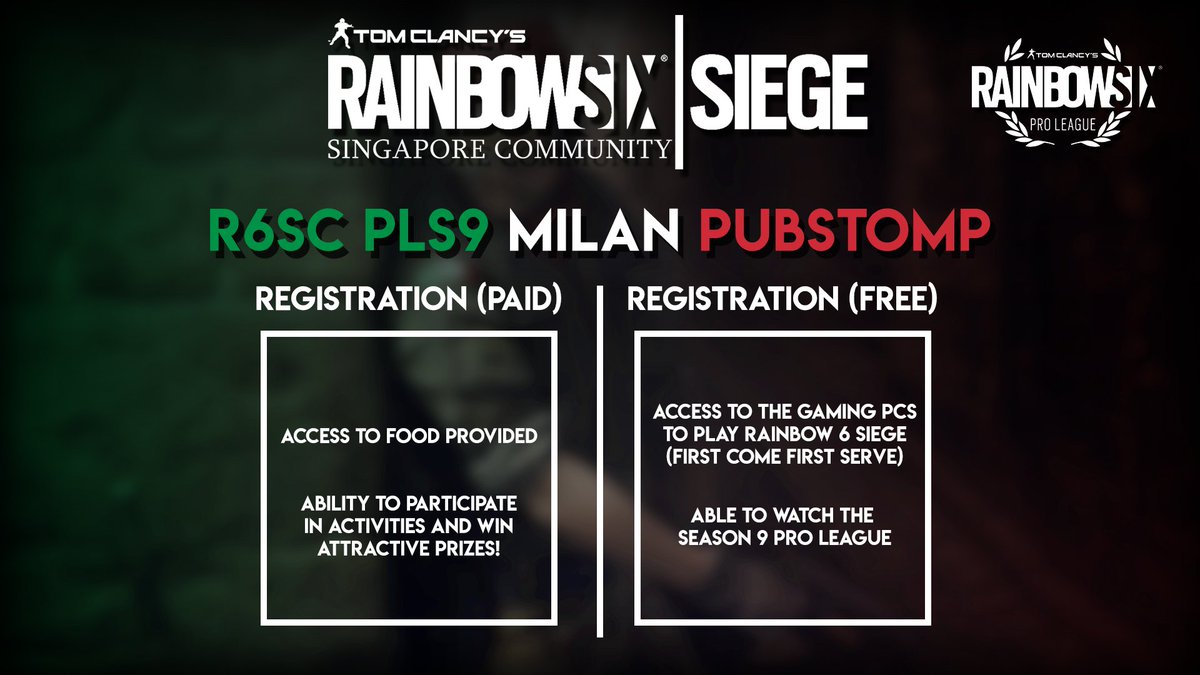 R6SC_SG's tweet photo. R6SC Pro League Season IX Pubstomp (SINGAPORE) is OPEN FOR REGISTRATION!
Register now under the PAID REGISTRATION to be able to participate in the games, activities, and win prizes such as R6 Credits, and @thekoyostore @Rainbow6Game Pins!
#R6SC #Singapore #RainbowSixSiege https://t.co/7LOVz99ZhN