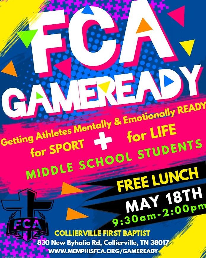 Greater Memphis FCA (@memphisfca901) on Twitter photo We are a week away from MIDDLE SCHOOL GameReady! It will be a day filled with fun and games. Sign up TODAY at memphisfca.org/gameready!
<a href="/colliervillems/">Collierville Middle</a> <a href="/officialWCMS/">West Collierville MS</a> <a href="/KIPPMemphis/">KIPP Memphis Public Schools</a> <a href="/Kbmskodiaks/">Kate Bond Middle KODIAKS</a> <a href="/hmsmustangs1/">HoustonMiddleSchool</a> <a href="/ArlingtonMiddle/">Arlington Middle</a> <a href="/ColliervilleFBC/">Collierville First Baptist Church</a> We are a week away from MIDDLE SCHOOL GameReady! It will be a day filled with fun and games. Sign up TODAY at memphisfca.org/gameready!
<a href="/colliervillems/">Collierville Middle</a> <a href="/officialWCMS/">West Collierville MS</a> <a href="/KIPPMemphis/">KIPP Memphis Public Schools</a> <a href="/Kbmskodiaks/">Kate Bond Middle KODIAKS</a> <a href="/hmsmustangs1/">HoustonMiddleSchool</a> <a href="/ArlingtonMiddle/">Arlington Middle</a> <a href="/ColliervilleFBC/">Collierville First Baptist Church</a>