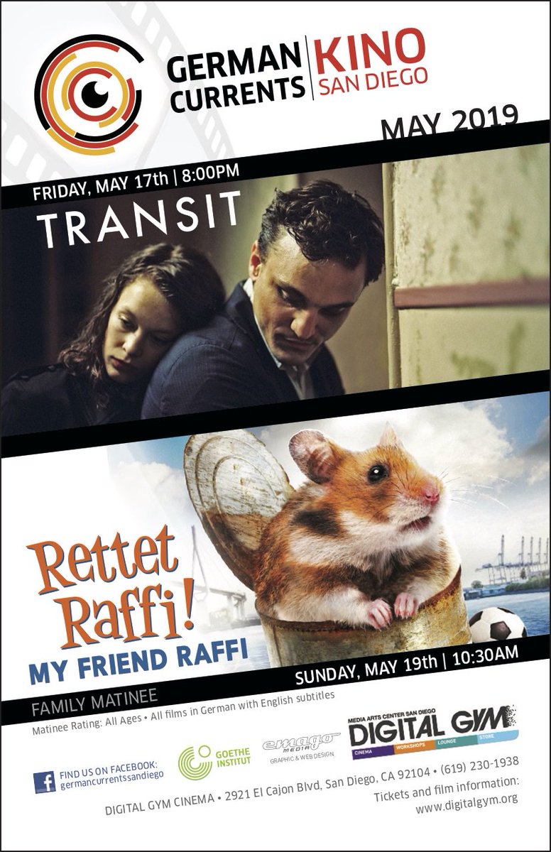 Germancurrentsd's tweet photo. German Currents KINO is back! Please mark your calendar for our San Diego May screenings: Friday, May 17, 8:00 PM: "TRANSIT"
Sunday, May 19, 10:30 AM (Family Matinee): "RETTET RAFFI"
Tickets: https://t.co/SmOdFxsGKH   @DigitalGymSD @GI_LosAngeles https://t.co/Yy2xFg7MI5