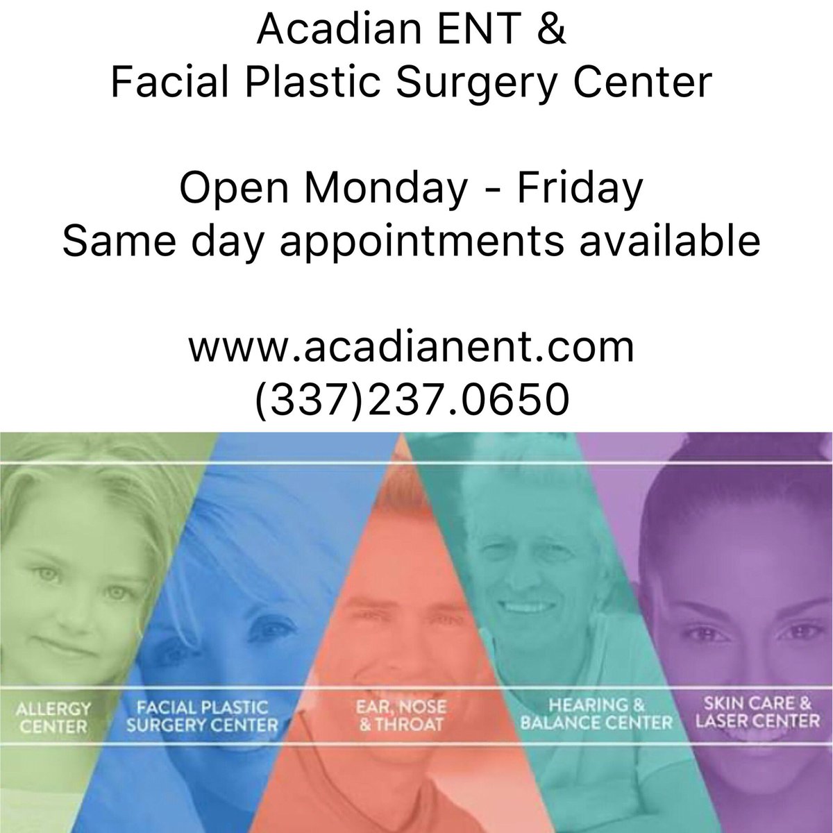 AcadianENT's tweet photo. #acadianent #skincare #allergy #audio #facialplastics #ent #lafayette https://t.co/InOLLIIlM2
