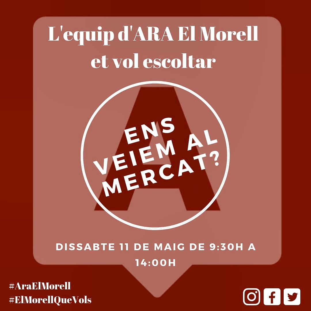 morell_el's tweet photo. Volem saber què vols, volem saber què et preocupa i volem merèixer la teva confiança.
Ens veiem al mercat?
Queremos saber que quieres, queremos saber que te preocupa y queremos merecer tu confianza.
¿Nos vemos en el mercado ?

#AraElMorell  #ElCanviÉsAra 
#AraNeutralitat https://t.co/qiSiVW71a6