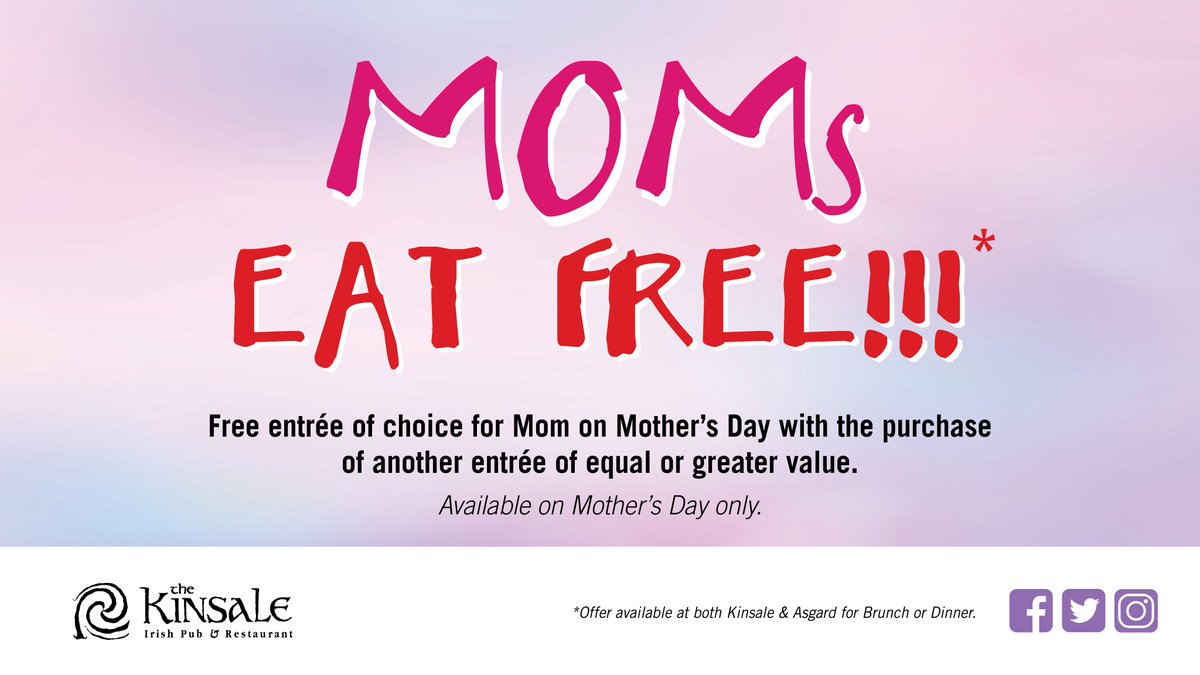 Moms Eat Free!!!

Get the Kids to Take You Out...You Deserve It!

#Free entrée of choice for mom on Mother's Day (Sunday, May 12, 2019) with the purchase of another entrée of equal or greater value.

#KinsaleMoms #WeLoveYouMom #MomsAreGreat