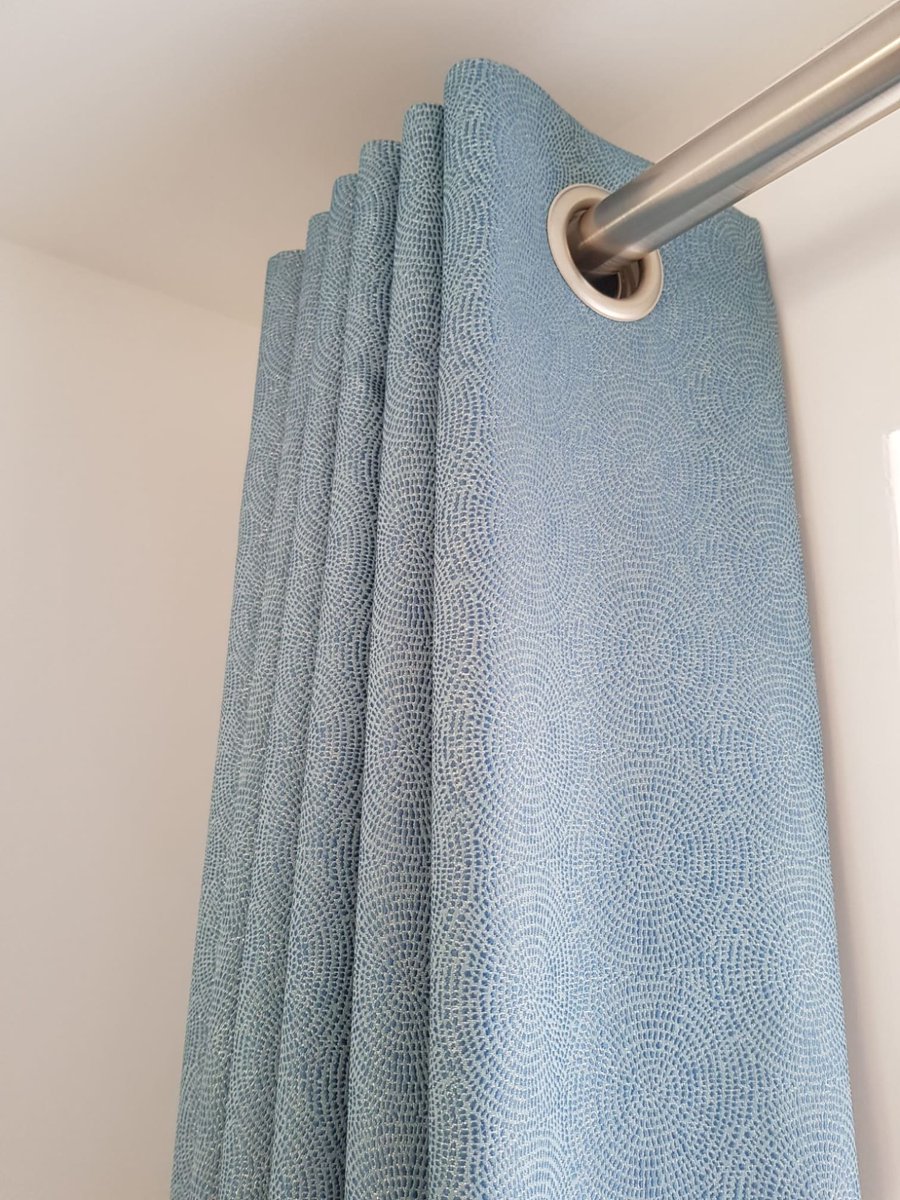 Here is one of Prestgious Textiles newest fabrics. Endless Aquamarine. Made here into a pair of eyelet curtains. prestigious.co.uk/fabrics/timele…