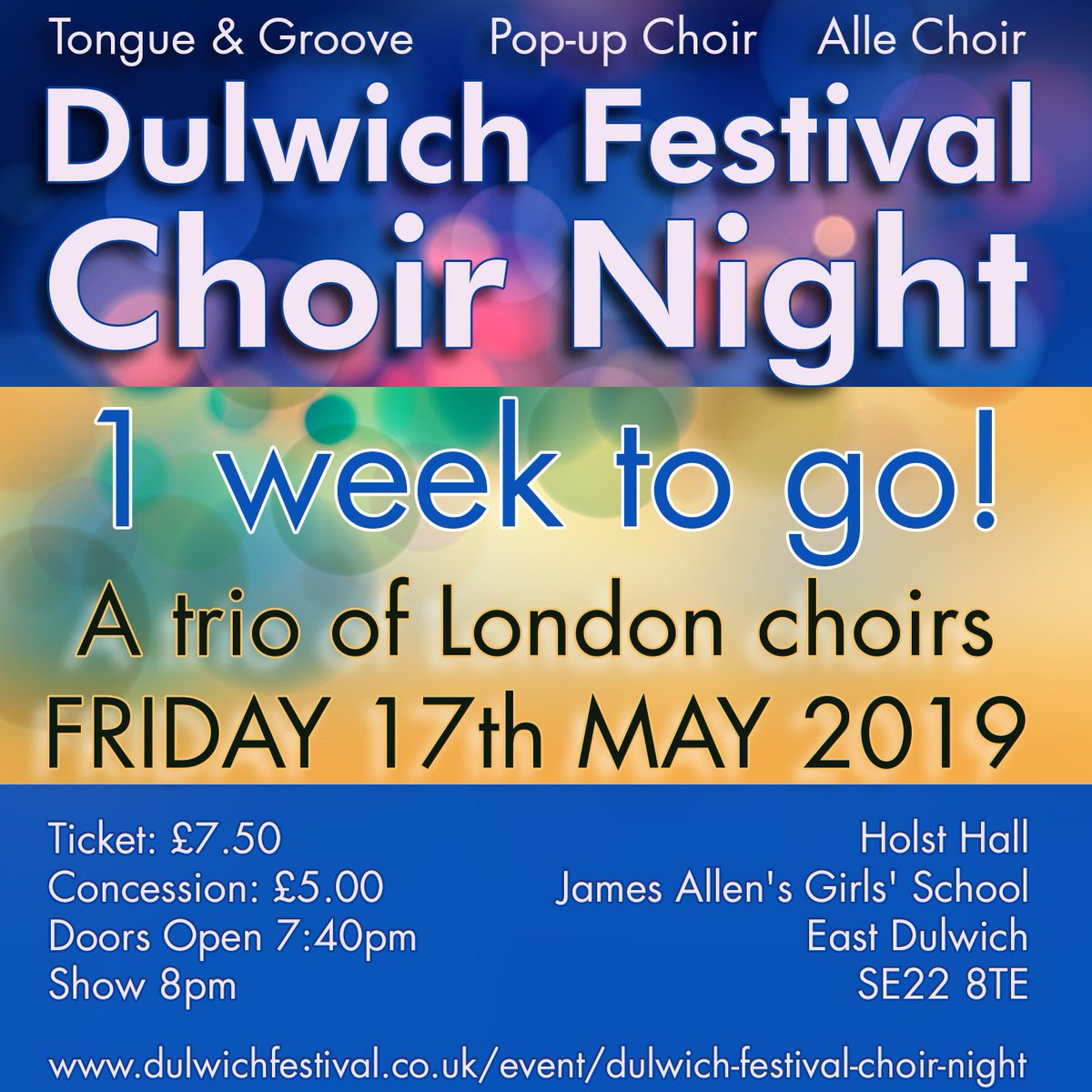 This time next week @DulwichFestival  Choir Night. We are joined on stage @JAGSschool by <a href="/ThePopUpChoir/">The Pop-Up Choir</a> <a href="/TandGchoir/">Tongue & Groove</a>
Tickets only £7.50 from eventbrite.co.uk/e/dulwich-fest… … … …
#DulwichFestival
#Londonchoirs
#DulwichFestivalChoirNight
<a href="/SouthwarkEvents/">Southwark Presents</a> 
#choir