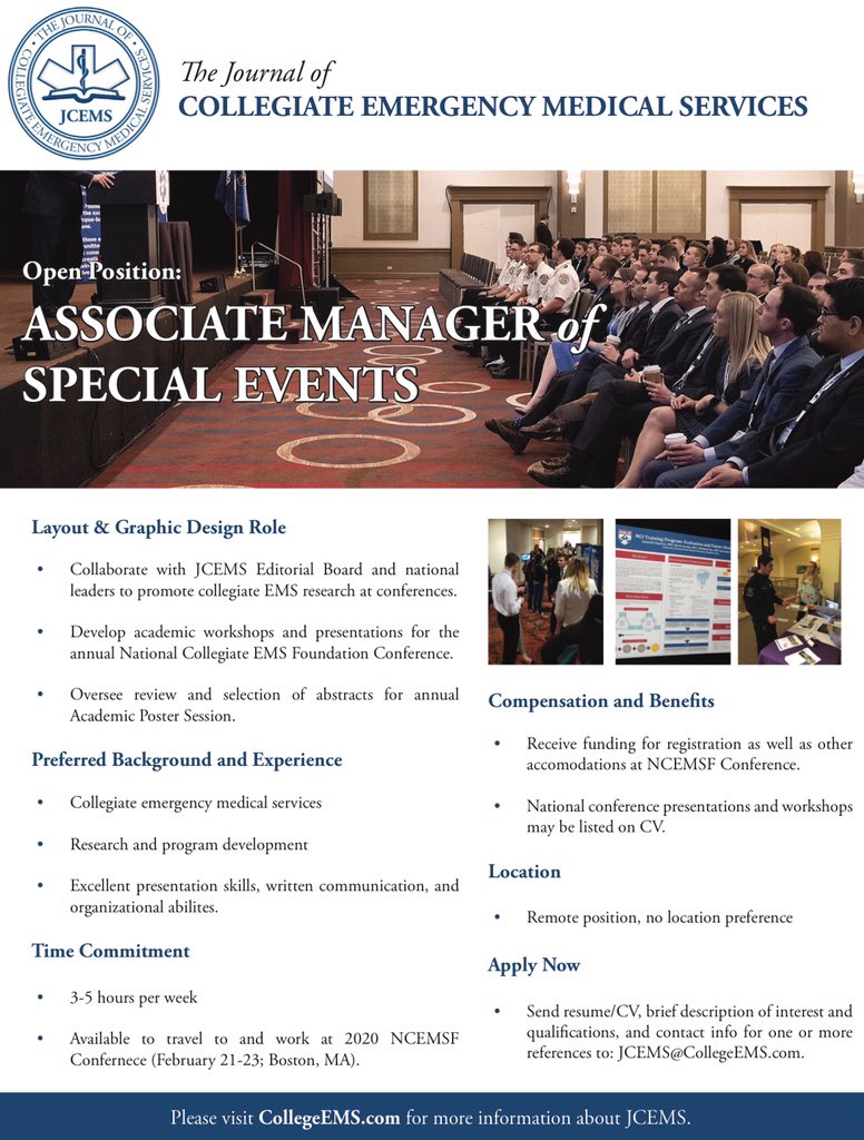 Interested in joining the JCEMS team? Consider applying for the position of Associate Manager of Special Events! Send a resume/CV, brief description of qualifications/interest, and contact information for at least on reference to JCEMS@CollegeEMS.com collegeems.com/editorial-boar…