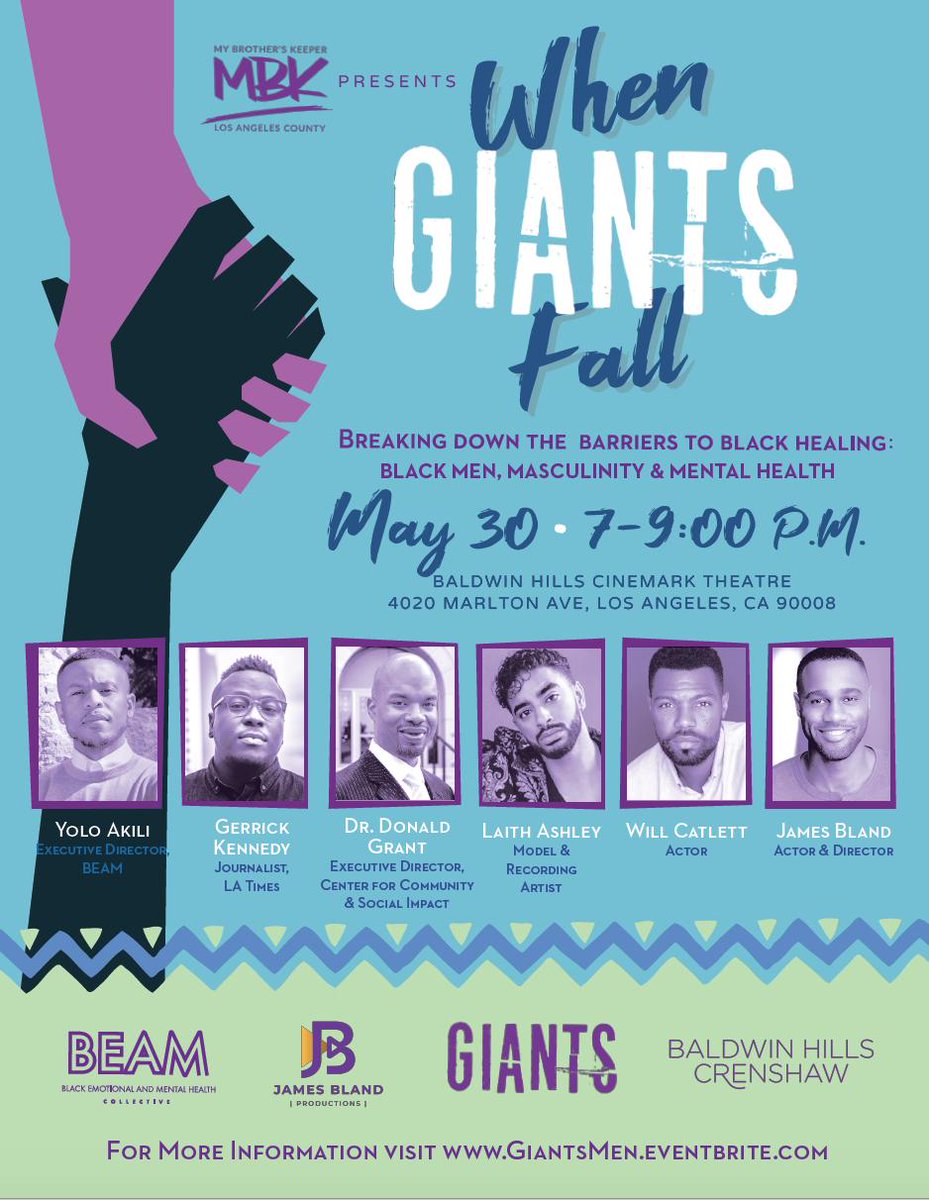 jrbland's tweet image. Los Angeles - on Thursday, MAY 30 join us for a conversation on masculinity and mental health at the Baldwin Hills Crenshaw Mall featuring @DrGrantjr @laith_ashley @chillwillbey @GerrickKennedy and @YoloAkili. Event is FREE. Register at giantsmen.eventbrite.com #WhenGiantsFall