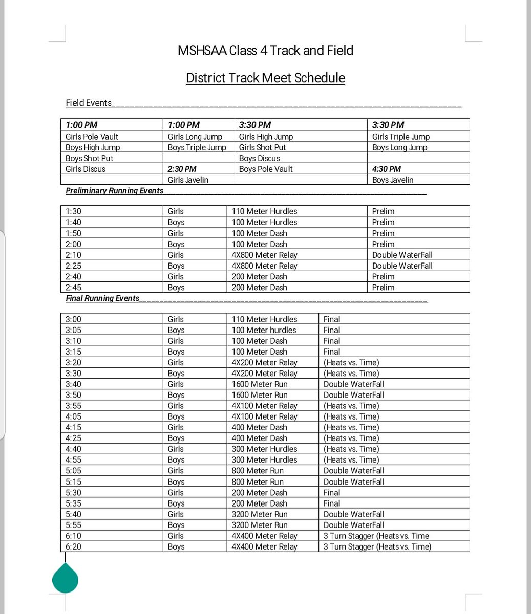 TIME CHANGE! District track will start at 1pm Saturday in Mexico.