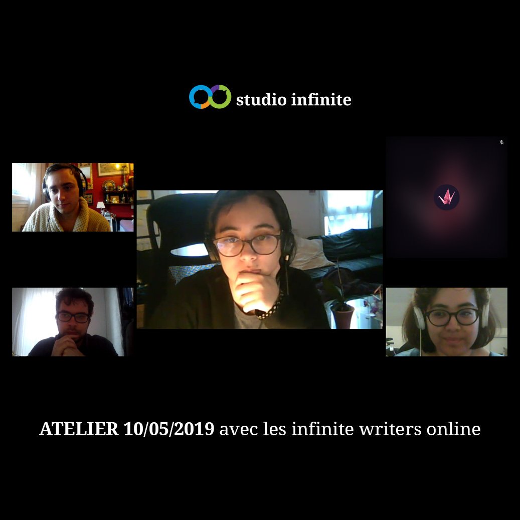 AteliersMoody's tweet photo. 📷💻 Hey #Infiniters ! En direct de notre atelier d'#écriture à distance : nos infinite writers Kyrrian, Mayo, Teegarden et Xavier avec notre coach littéraire @moodytryme !
Défi du jour ? #Écrire à partir des decks de @draftquestcom ! 

#auteurs #infinitewriters #studioinfinite https://t.co/bTDGRU7E56