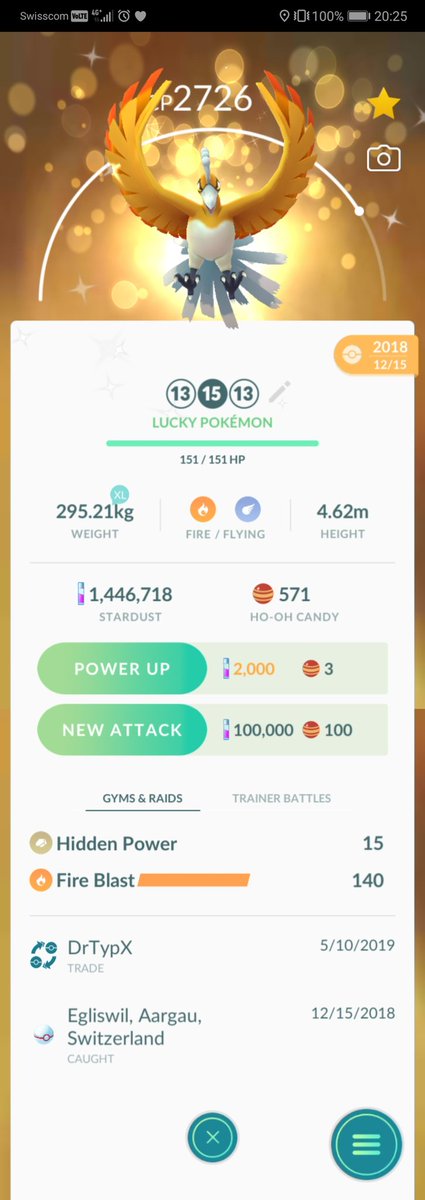 ZzRamonLPzZ's tweet image. Ahhhhhh, it is so nice to give a local friend the opportunity for a #legacymove #Mewtwo. Now it is his buddy. 😍

I got a #luckyPokemon #shinyHoOh in return.

PL: 25
CP: 2726
IV: 91.1%
⑬⓯⑬
Fast Move: Hidden Power (15)
Charge Move: Fire Blast (140)

#PokemonGo