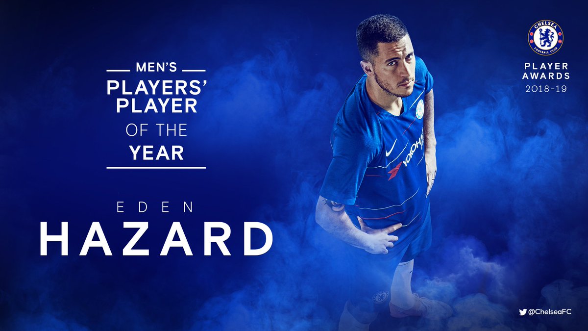 ChelseaFC's tweet photo. As voted by his Chelsea teammates, @HazardEden10 is the Players' Player of the Year! 🙌  

#CFCAwards19 https://t.co/2tkrMTOEju