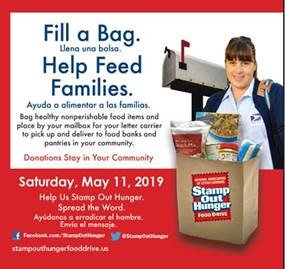 USPSCorpComm's tweet image. Help #StampOutHunger by leaving non-perishable food
donations in a bag by your mailbox tomorrow, May 11.  #StampOutHunger  @NALC_National @USPS More information nalc.org/community-serv….

-