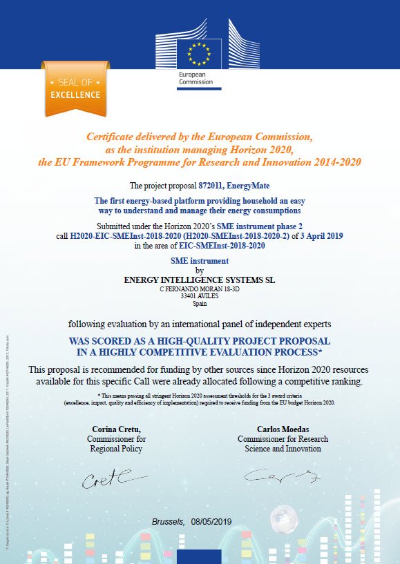 Today, we have received The Seal of Excellence delivered by European Commission with our project, EnergyMate (H2020 SME Instrument Phase II). We´ll continue working to achieve more goals.<a href="/H2020SME/">SME Instrument - EIC pilot</a> <a href="/H2020EE/">lolly</a> <a href="/EU_EASME/">EASME - Executive Agency for SMEs</a>