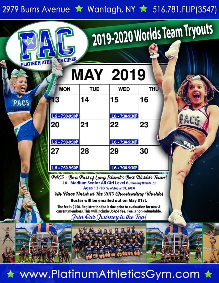 🌎DO YOU HAVE WHAT IT TAKES?! 🌎

Be a part of Long Island’s best Worlds team! Join our journey as we make our way to the TOP! 

PAC5
⭐️ 2019 4 time National Champion Winners 
⭐️ 2019 Paid Bid Winners 
⭐️ 2019 Worlds Finalists 
⭐️ 6th Place at The 2019 Cheerleading Worlds