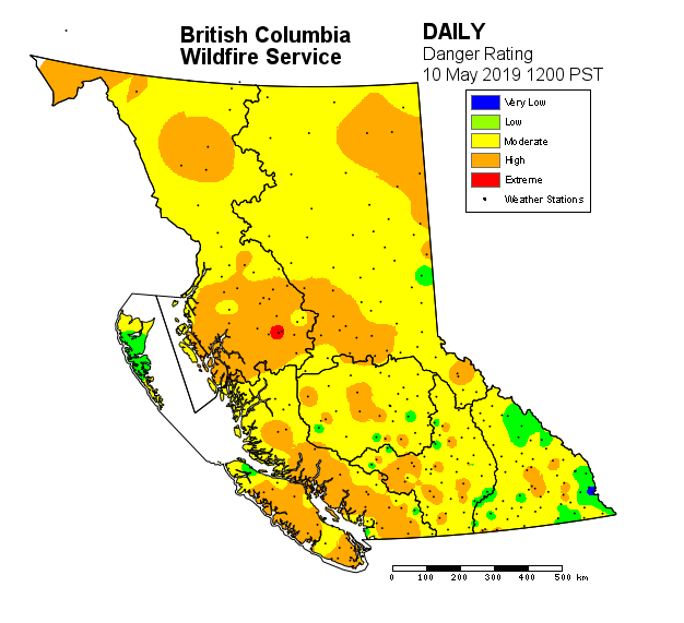 BCGovFireInfo's tweet photo. The Fire Danger Rating is currently moderate-high across most of the province, meaning forest fuels are drying and there is an increased risk of fires starting. Anyone heading into the outdoors this weekend is advised to be cautious and do their part to help avoid #BCWildfire. https://t.co/JPzctWADgB