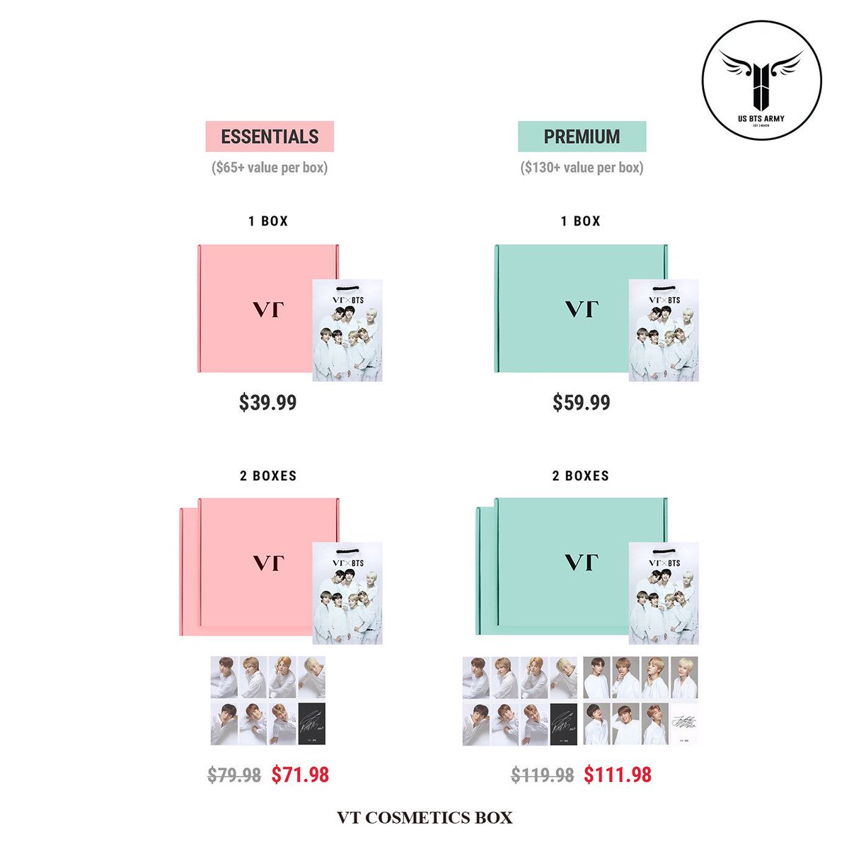 USBTSARMY's tweet photo. [🔔💄]
@VTCosmeticsBox is launching in 2 days!

Here's a sneak peek of their prices and the BTS photo cards that will be included.

🔗https://t.co/okkLbft7pY

#BTS #ARMY #BTSARMY #VTCosmetics #KBeauty #VTCosmeticsBox https://t.co/uczqXY4zvi