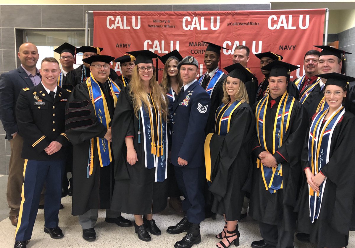CalUVetsAffairs's tweet photo. CONGRATULATIONS to all of our Student Veterans & Military members on your academic achievements and service to our great nation! All 5 branches were represented at tonight’s graduate commencement. We are all proud of you! @studentvets @CalUofPA #GIBillgrad #CalU #WeAreSVA https://t.co/5g7R3BW7Cr