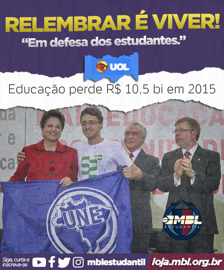 MBLestudantil's tweet photo. O MEC perdeu R$ 10,5 bilhões, ou 10% do orçamento, em 2015. Cortes em programas, pagamentos atrasados e trocas de ministros marcaram o ano da pasta. E a UNE? Ah, eles continuaram apoiando o governo.
#mblivre #mblestudantil #mbl #mble #educação #une #dilma #governo #corte https://t.co/1QnxmJ9Gs3