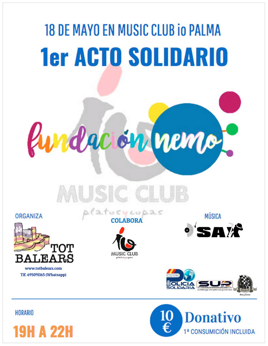 SUPBaleares's tweet photo. ACTO SOLIDARIO FUNDACIÓN NEMO

El medio de comunicación @TBalears organiza un evento solidario en beneficio de la Fundación Nemo, dedicada al apoyo de niñ@s con necesidades especiales

Colabora @SUPBaleares y @Polsolidaria

¡¡Gran iniciativa!! Allí estaremos https://t.co/NKFdrsA9wj