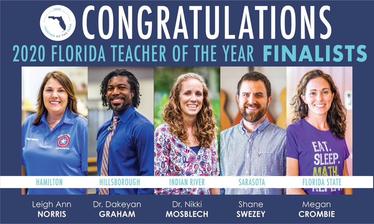 EducationFL's tweet photo. It's been an amazing week celebrating our fantastic #FLTeachers! Congratulations to the FIVE 2020 Florida Teacher of the Year FINALISTS! We can't wait to celebrate you and announce the statewide winner in July! #FLTOY2020 #FL74Strong #FLEdu #teacherappreciationweek https://t.co/bbJsRFM6mX