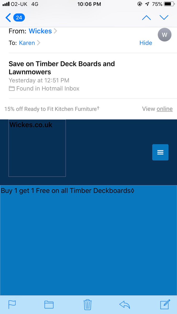 markbayley36's tweet photo. @Wickes 

Just received an email saying timber deck board are buy one get one free but cant find the offer on your website. 

Can you clarify ?? https://t.co/kSI9vNCNBb