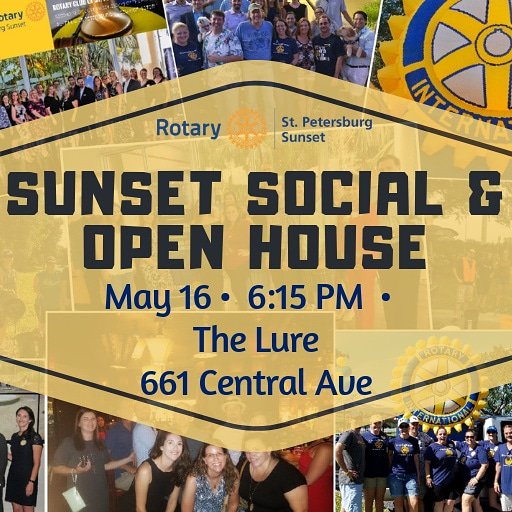 SunsetRotary727's tweet photo. Mark your 📅 and join us next Thursday for our #StPeteSunsetRotary social &amp; open house! Join us to learn more about our club and @Rotary! #StPeteSunsetRotary #rotary #rotarians #betheinspiration #peopleofaction #wearerotary #serviceaboveself #stpete #pinellas #networkforgood https://t.co/7giCeI0J2R