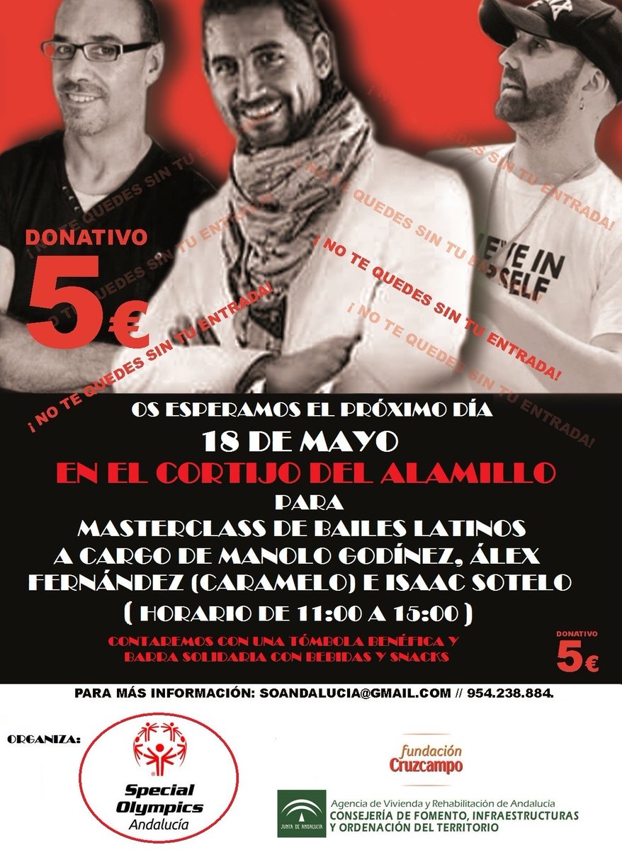SOANDALUCIA's tweet photo. ¡El 18 de Mayo tenemos una cita!!
De 11.00-15.00h te esperamos en el Cortijo del Parque del Alamillo para nuestra Masterclass Benéfica de Bailes Latinos, a cargo de los profesores Isaac Sotelo, Alex Fernández y Manolo Godínez.
¡Contaremos con tómbola y barra solidaria, no faltes! https://t.co/kmI57Bw0YN