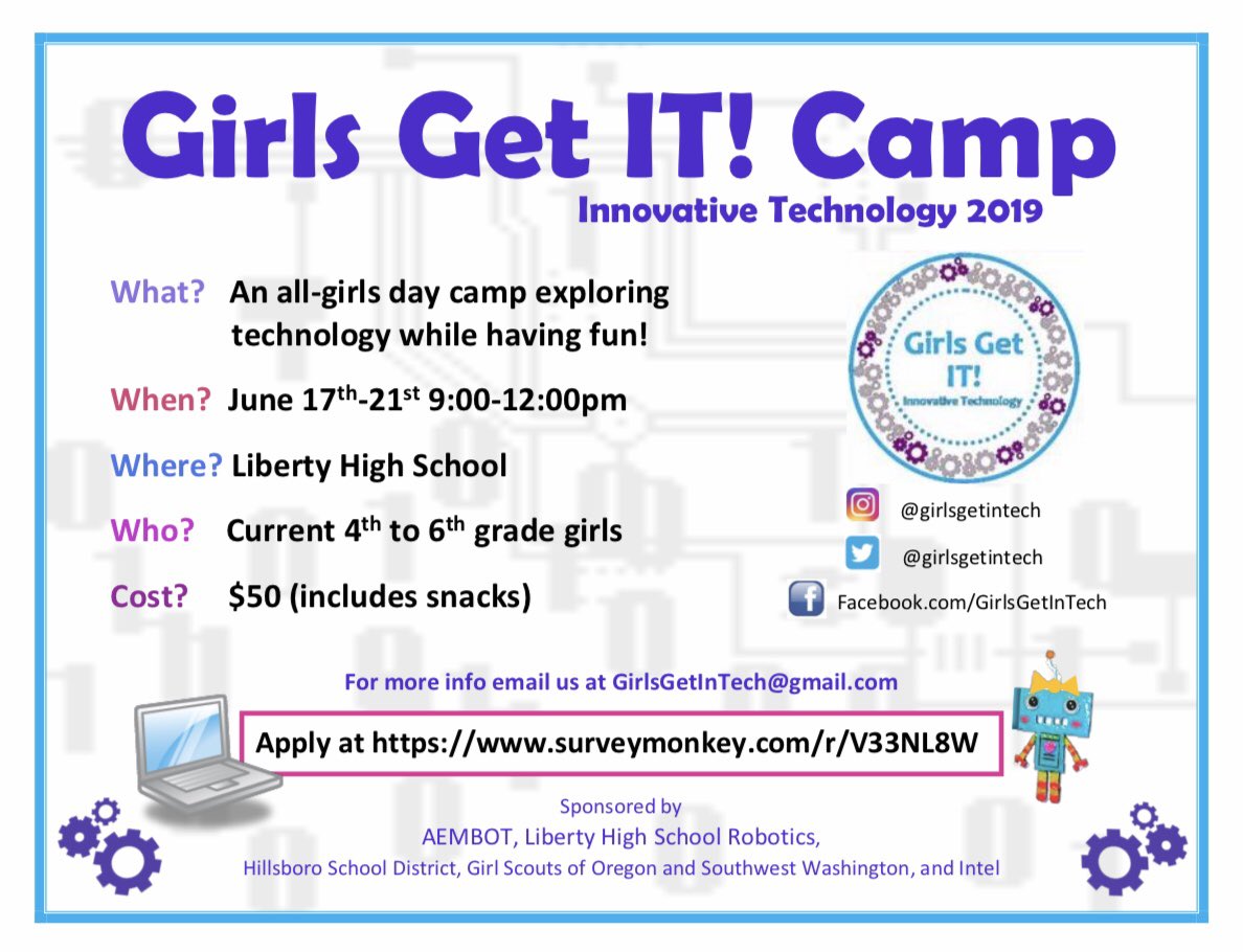 GirlsGetInTech's tweet image. Can’t wait to see you at our 2019 camp, held at Liberty High School this year!