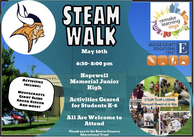 DonnaSteff's tweet photo. Please join us for our @remakelearning showcase courtesy of the @BC_Ed_Trust Thank you for the funding! @marchettim4122 @HMJHS_Vikings #VikingP3 #purposepassionpride #STEM #STEAM #RemakeLearningDays @RemakeDays #RemakeLearningSWPA https://t.co/mfKhbWcXpW