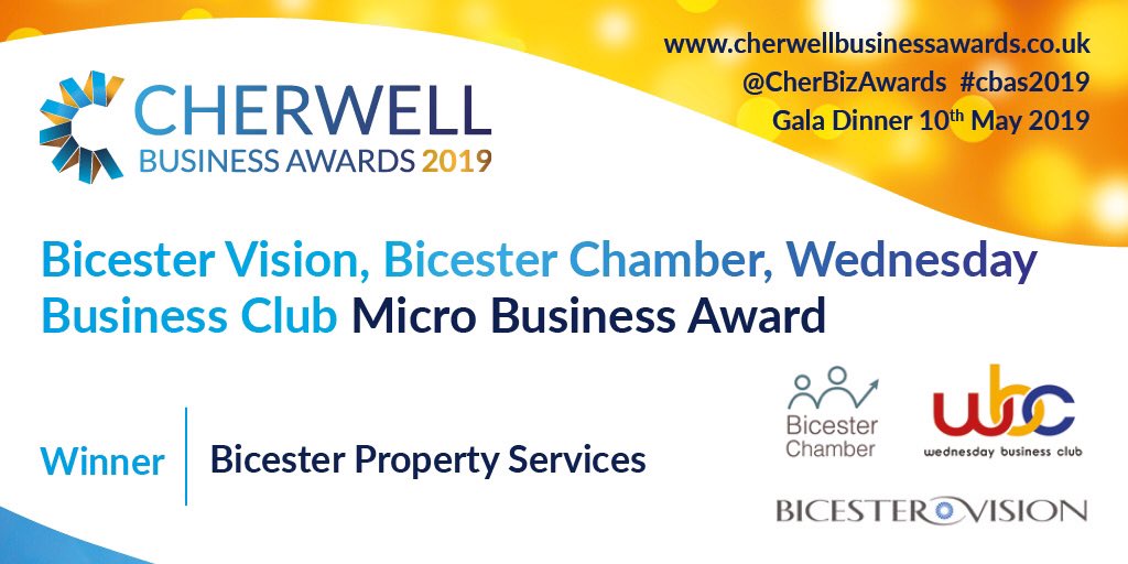 The Winner of the...

⭐️Micro Business Award⭐️ 
sponsored by <a href="/bicestervision/">Bicester Vision CIC</a> <a href="/BicesterChamber/">Bicester Chamber</a> &amp; Wednesday Business Club is:

🏆Bicester Property Serviced🏆<a href="/BicProperty/">Bicester Property Services Group</a> #cbas2019 #awards