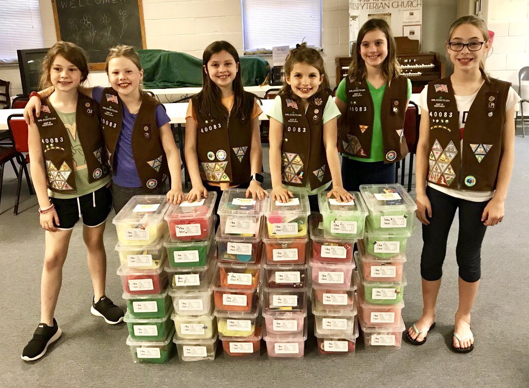 JaredBoxProject's tweet photo. Brownie Troop 40083 wanted to give back this cookie season by making Jared Boxes. The girls used some of their cookie sale proceeds to assemble 36 boxes. Great job, thank you so much! #girlscouts #jaredboxproject https://t.co/zV0AXdrQ6z