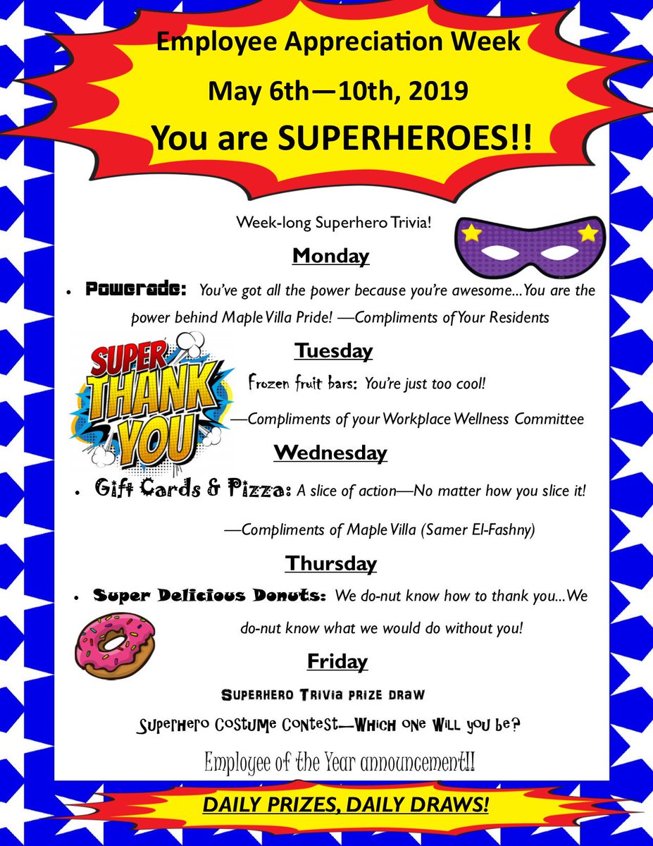 MapleVillaLTC's tweet photo. This week at Maple Villa was "Staff Appreciation Week"!  It was a time where we all came together to celebrate and recognize the amazing people that make up our Maple Villa family.  They are true "Superheros" in every sense of the word. #maplevilla #staffappreciation https://t.co/aS5qGSCWAx