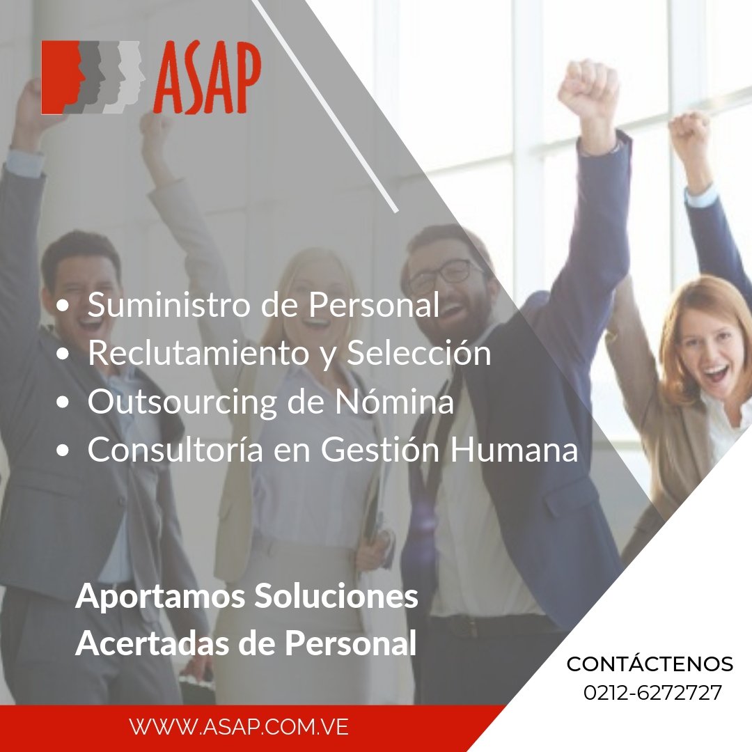 ASAP_News's tweet photo. #ASAPVenezuela #Servicios #Consultoria #Process
Prestamos un servicio integral de calidad, sustentado en un excelente equipo de profesionales, con sólida experiencia en Gestión Humana y gerencia de personal.
https://t.co/U5arinraRf https://t.co/Shgtbiecg9