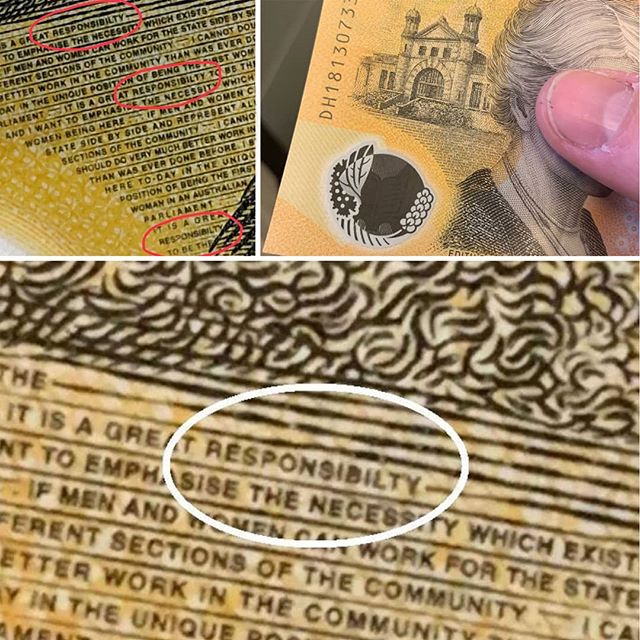 OzDollar's tweet photo. The new Aussie $50 note contains a typo in word 'responsibility'. It was discovered months after 46 million notes were distributed. The text is from Ms Cowan's maiden speech to the WA Parliament (1921) .. #ozhistory #viralnetics #finance https://t.co/2TvYdavJkO