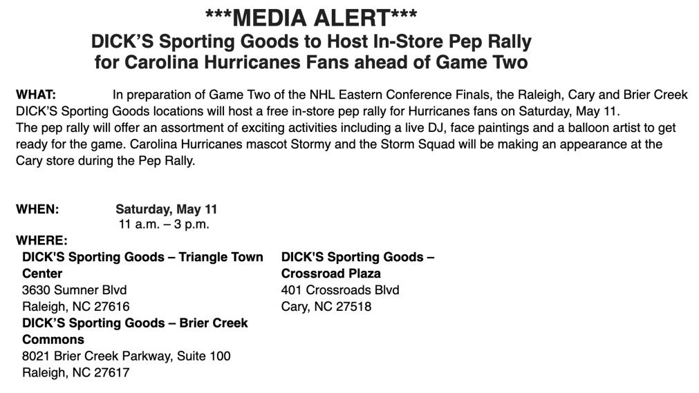 brettfinger's tweet photo. I'm not sure if this has been spread around yet, but DICK'S Sporting Goods is hosting a free Hurricanes pep rally at a few triangle-area stores on Saturday. Stormy and the Storm Squad will be at the Cary location. Pretty cool. https://t.co/gwKbr25piw
