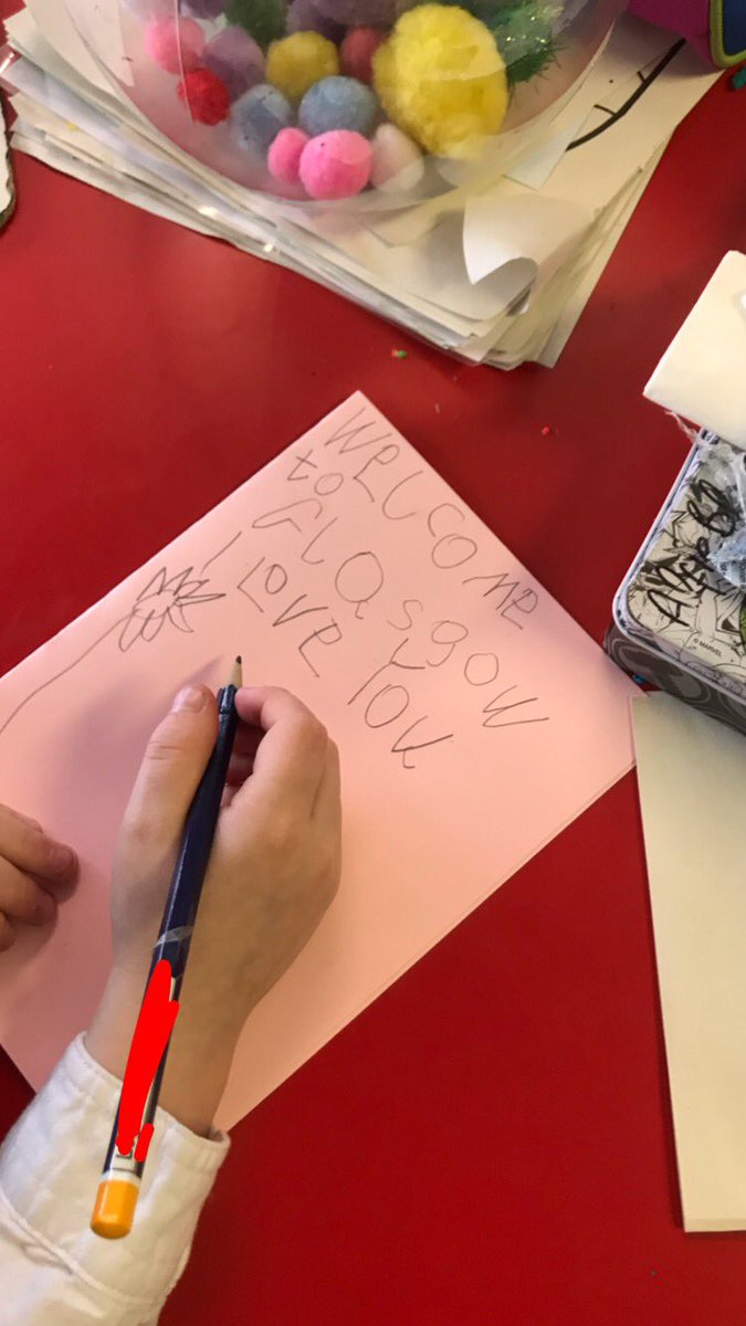 stephcoopermck's tweet photo. My amazing charities committee creating welcome packs and “letters fae a local” for refugees arriving in Glasgow @Refuweegee #refugeeswelcome #peoplemakeglasgow https://t.co/mXC4WUants