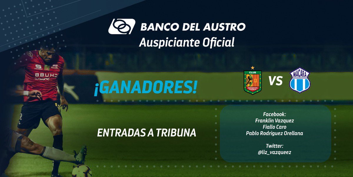 BancodelAustro's tweet photo. ¡Premiamos a nuestros seguidores con entradas al #ASABancoDelAustro para ver a nuestro @DCuencaOficial!
Tú también puedes participar en nuestras interacciones y ganar entradas para los partidos en el #ASABancoDelAustro https://t.co/t4CUtAbXXf
