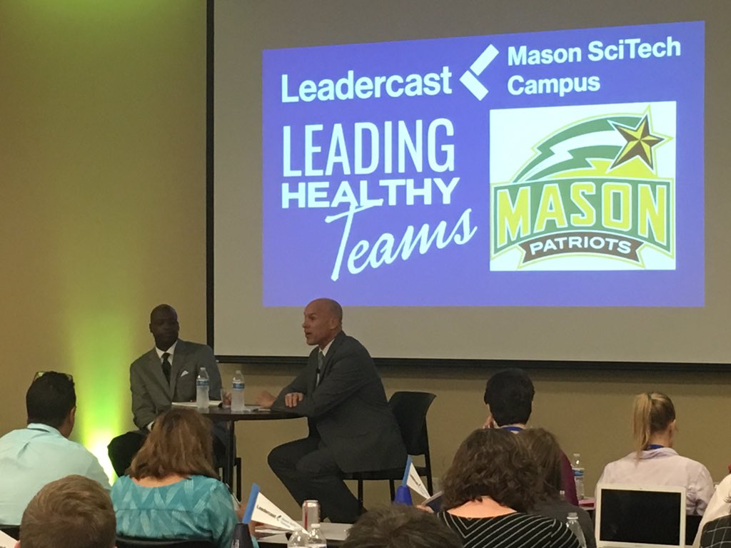 MasonAthletics's tweet photo. Patriots leaders Asst. VP/Director of Athletics @BradEdwards5 and Associate AD @darrellgreen28 share their insights on #healthyteams at #leadercast2019 lunchtime presentation at Mason Sci-Tech campus. #GetPatriotic https://t.co/YzcguwTUJz
