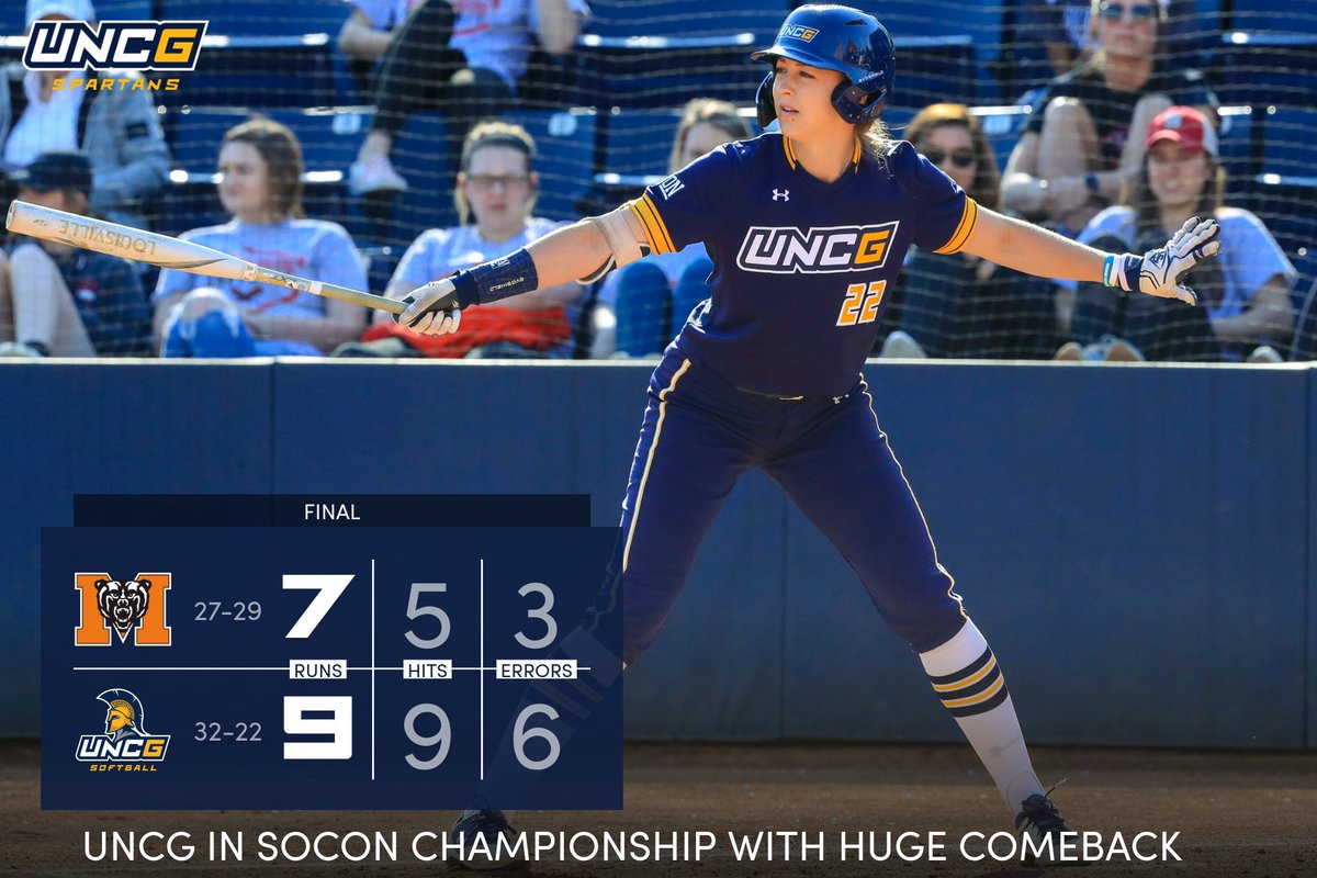 UNCGSoftball's tweet photo. CARDIAC KIDS!!! We're headed to the @SoConSports Championship Game after scoring the last 7 runs for a crazy 9️⃣-7️⃣ win over No. 4 Mercer! #letsgoG #CantCountUsOut #ComebackKids #SurviveAndAdvance https://t.co/HdkDuI99nP