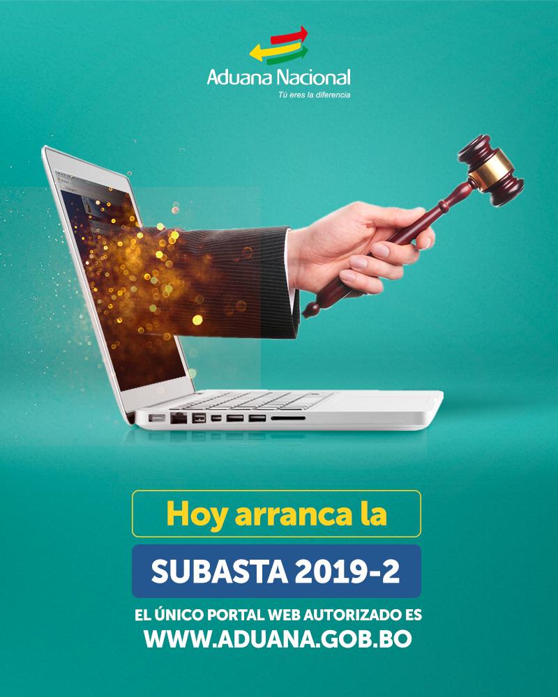 aduanabolivia's tweet photo. 🔻 HOY arranca la SUBASTA 2019-2 🔻

Y tendrás la posibilidad de ganar muchas mercancías comisadas del contrabando

Solo podrás hacerlo ingresando a nuestra página web https://t.co/dKg3Nq2iYj

¡Aduana Nacional, tú eres la diferencia!

#CrecemosJuntos https://t.co/F4A8zSK6Pw