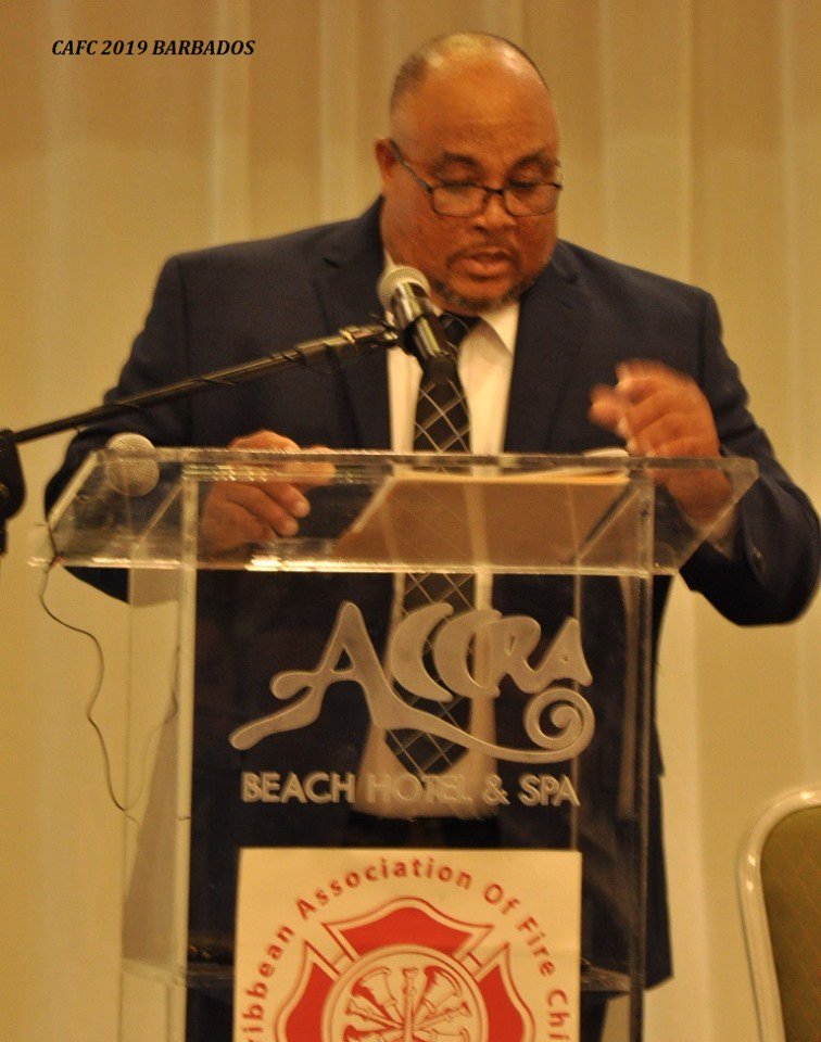 Master of Ceremony retired Chief Marcellino Ventura Sr giving brief remarks during the Opening Ceremony of the Caribbean Association of Fire Chiefs 2019 Conference in Barbados. #CAFC2019 #FireChiefs #Conference
