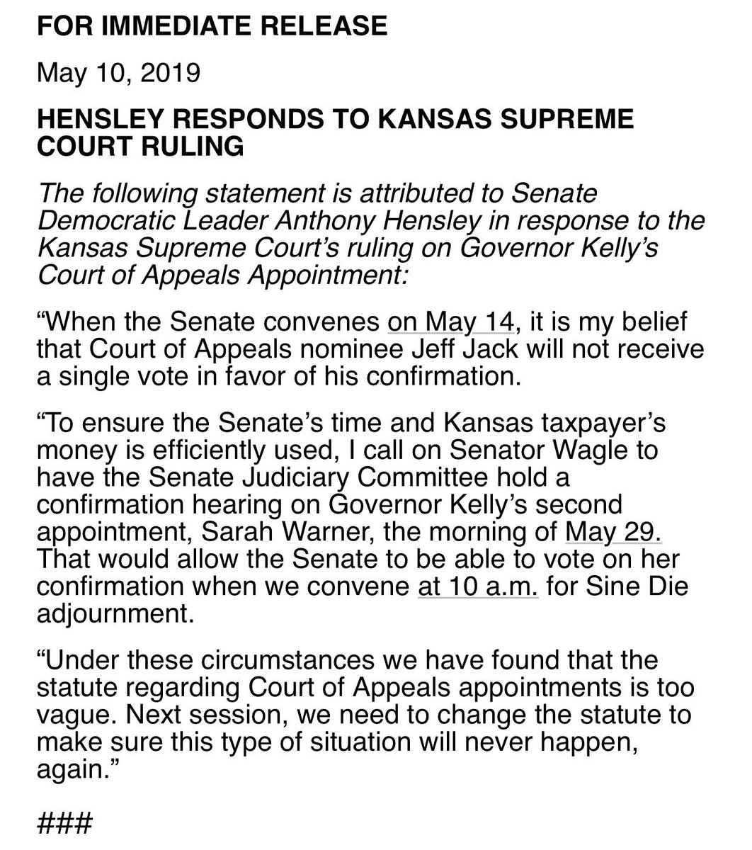 I’ve released the following statement in response to the Kansas Supreme Court’s ruling. #ksleg