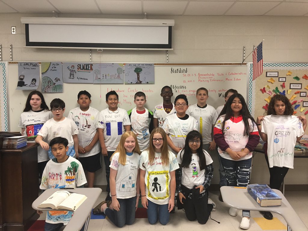 CoopertownMS's tweet photo. Ms. Cook and Ms. Kyle’s 6th grade ELA classes and their T-Shirt Novel Projects. https://t.co/nkWDmW5IT4