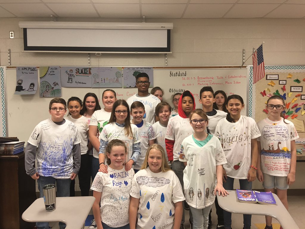 CoopertownMS's tweet photo. Ms. Cook and Ms. Kyle’s 6th grade ELA classes and their T-Shirt Novel Projects. https://t.co/nkWDmW5IT4