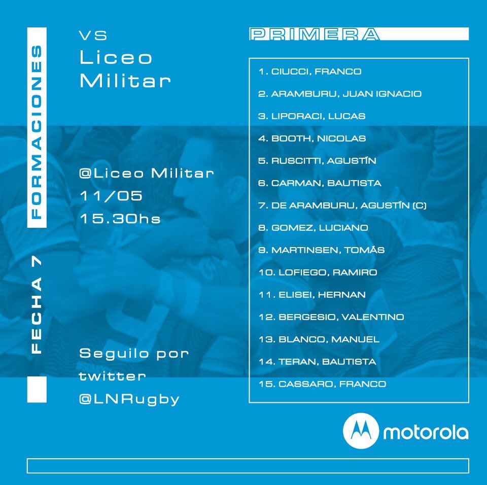 lnrugby's tweet photo. Estos son los equipos para visitar mañana a @cecliceomilitar por la 7ma fecha del torneo de la @URBA_ok
@motorola_ar
#hellomoto
#helloWilliam
.
.
#SomosWilliam https://t.co/3Zh5reMiEh