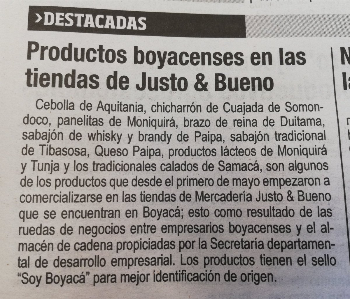 SecDesarrolloEB's tweet photo. #EnMedios✍️ | Productos boyacenses en las Tiendas Justo &amp; Bueno de #Boyacá. Así lo registra el periódico @puenteboyacense. @CarlosAmayaR @GobBoyaca @SergioTolosaAce @jscastro10 @Soy_Boyaca https://t.co/Kxq8l8OFUb